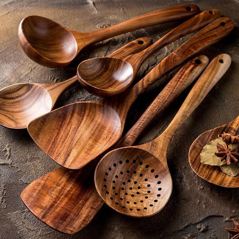 Thai Teak Wood Kitchen Utensils Set: Authentic Natural Elegance for Culinary Mastery Selling Points: